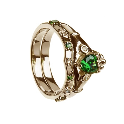10k Yellow Gold Green & White CZ Claddagh Ring Wedding Ring Set