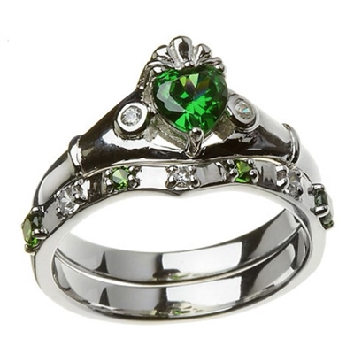 Sterling Silver Green & White CZ Claddagh Ring Wedding Ring Set