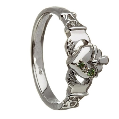 Sterling Silver Ladies White & Green CZ's Puffed Heart Claddagh Ring