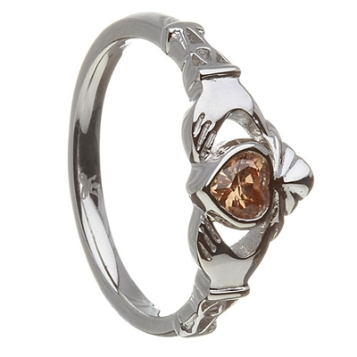 Sterling Silver November Synthetic Citrine Birthstone Claddagh Ring 11mm
