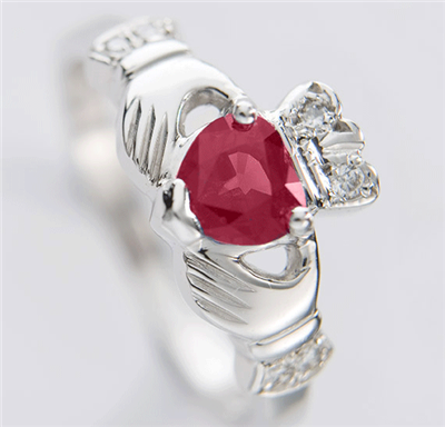 SPECIAL - 14k White Gold Ladies Heart Shaped Ruby & Diamond Claddagh Ring