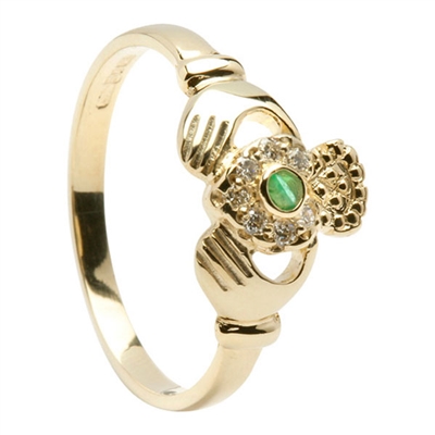 14k Yellow Gold Emerald & Diamond Claddagh Ring 10mm