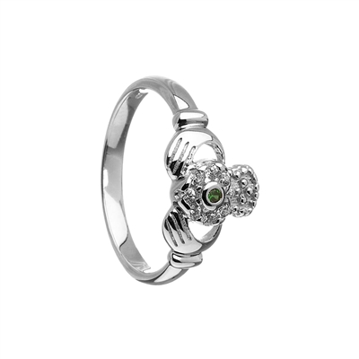 14k White Gold Emerald & Diamond Claddagh Ring 10mm