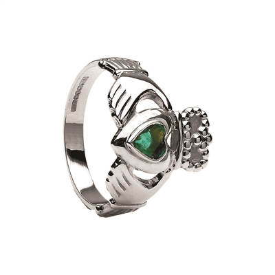 14k White Gold Heart Shaped Emerald Claddagh Ring 13mm