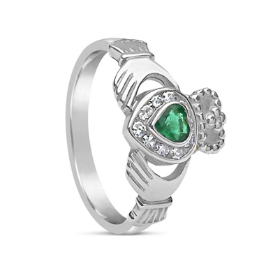 14k White Gold Diamond & Emerald Claddagh Ring 12.4mm