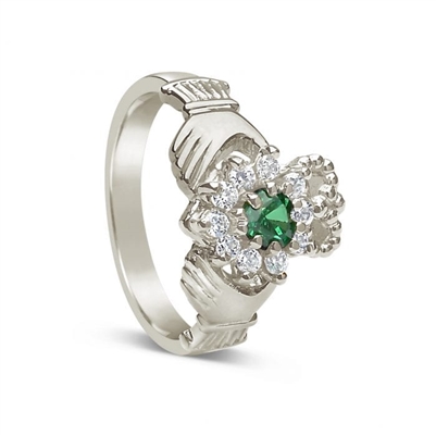 14k White Gold Diamond & Emerald Claddagh Ring 12.2mm