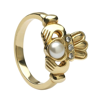 14k Yellow Gold Antique Style Pearl & Diamond Claddagh Ring 13mm