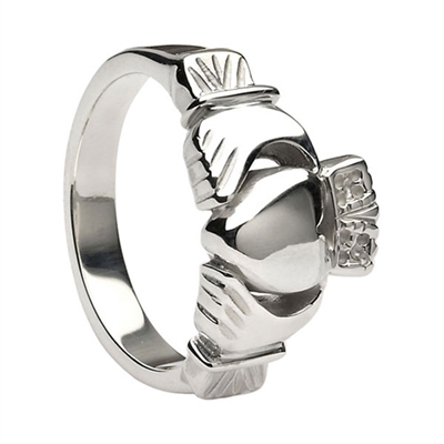 14k White Gold Men's Heavy Traditional Claddagh Ring 11.4mm