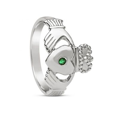 14k White Gold Men's Emerald Large Claddagh Ring 14mm