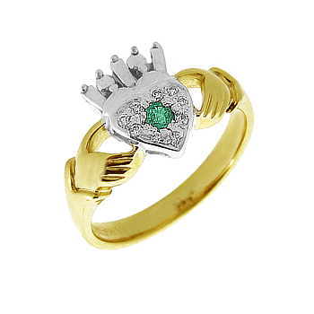 14k Yellow Gold Ladies Emerald & Diamond Claddagh Ring