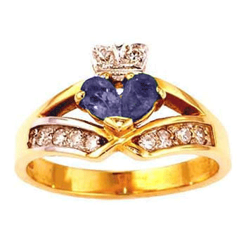 14k Yellow Gold Ladies Sapphire & Diamond Claddagh Ring