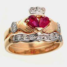 OUT OF STOCK - 14k Yellow Gold Ruby & Diamond Claddagh Engagement Ring & Wedding Ring Set
