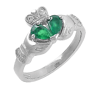 14k White Gold Split Heart Ladies Emerald & Diamond Claddagh Ring