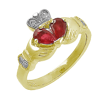 14k Yellow Gold Split Heart Ladies Ruby & Diamond Claddagh Ring