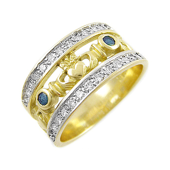 14k Yellow Gold Ladies Double Row Sapphire & Diamond Claddagh Ring 10.5mm