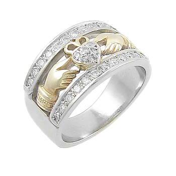 14k White Gold (Yellow Gold Center) Ladies Diamond Claddagh Ring