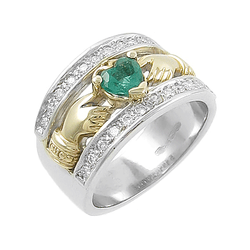 14k White & Yellow Gold Ladies Double Row Emerald & Diamond Claddagh Ring