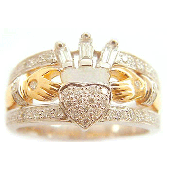 14k Yellow & White Gold Ladies Fancy Diamond Claddagh Ring