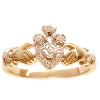 14k Yellow Gold Ladies Fancy Diamond Claddagh Ring