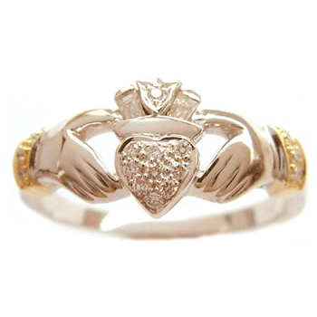 14k White & Yellow Gold Ladies Pave Fancy Diamond Claddagh Ring
