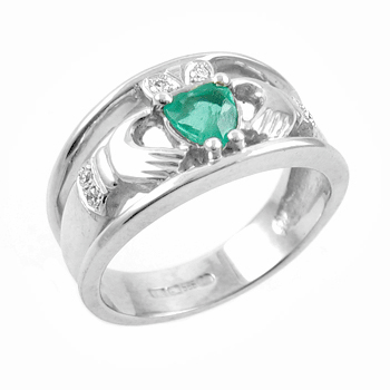 14k White Gold Ladies Split Set Emerald & Diamond Claddagh Ring