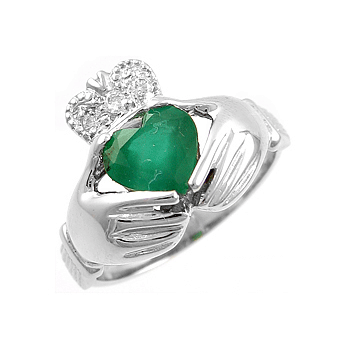 14k White Gold Ladies Emerald & Diamond Claddagh Ring