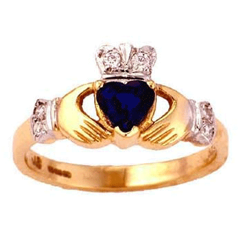 14k Yellow Gold Ladies Heart Shaped Sapphire & Diamond Claddagh Ring 10mm