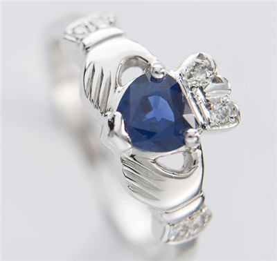 14k White Gold Ladies Heart Shaped Sapphire & Diamond Claddagh Ring 10mm