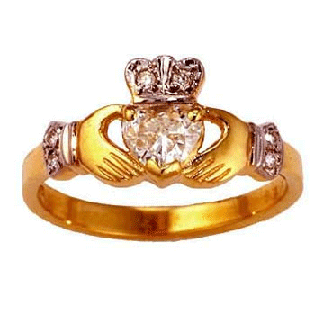 14k Yellow Gold Ladies Heart Shaped Diamond Claddagh Ring 10mm