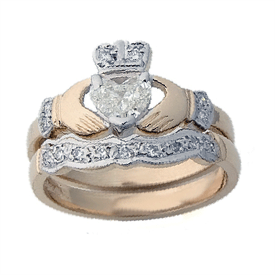 14k Yellow Gold Claddagh Diamond Engagement Ring & Wedding Ring Set