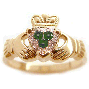 14k Yellow Gold Ladies Pastel Set Emerald & Diamond Claddagh Ring 10mm