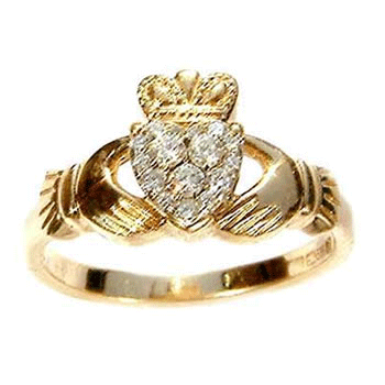 14k Yellow Gold Ladies Pastel Set Diamond Claddagh Ring 10mm