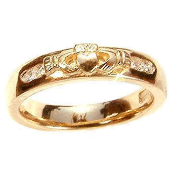 14k Yellow Gold Ladies Diamond Claddagh Wedding Ring 4mm