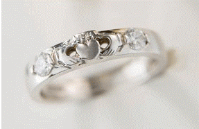 14k White Gold Men's 2 Stone Diamond Claddagh Wedding Ring 5mm
