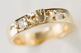 14k Yellow Gold Men's 2 Stone Diamond Claddagh Wedding Ring 5mm