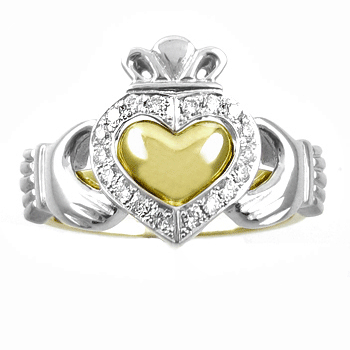 14k White Gold Ladies 2 Part Diamond Claddagh Ring
