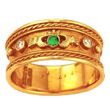 OUT OF STOCK - 14k Yellow Gold Ladies Emerald & Diamond Wide Claddagh Ring