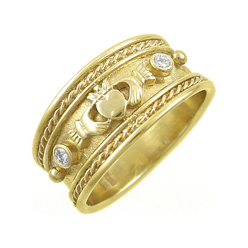 OUT OF STOCK - 14k Yellow Gold Ladies Diamond Wide Roman Style Claddagh Ring 10mm