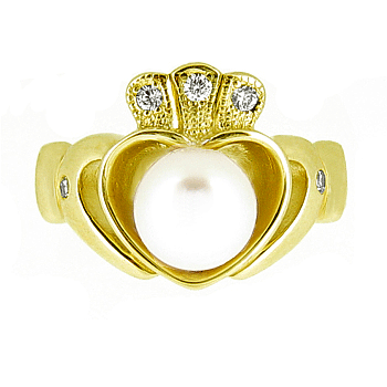 14k Yellow Gold Ladies Pearl & Diamond Claddagh Ring