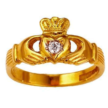 14k Yellow Gold Ladies Heart Shaped Diamond Claddagh Ring 12mm