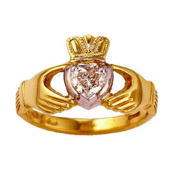 14k Yellow Gold Ladies Heart Shape Diamond Claddagh Ring
