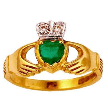 14k Yellow Gold Ladies Heart Shape Emerald & Diamond Claddagh Ring