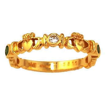 14k Yellow Gold Ladies 3 Stone Emerald & Diamond Claddagh Ring 5mm