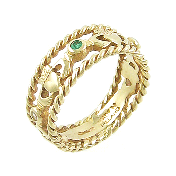 14k Yellow Gold Ladies 3 Stone Emerald & Diamond Claddagh Ring
