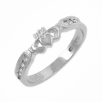 14k White Gold Ladies Channel Set Diamond Claddagh Ring 5mm