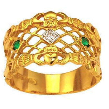 14k Yellow Gold Ladies 3 Stone Emerald & Princess Cut Diamond Claddagh Ring 7mm
