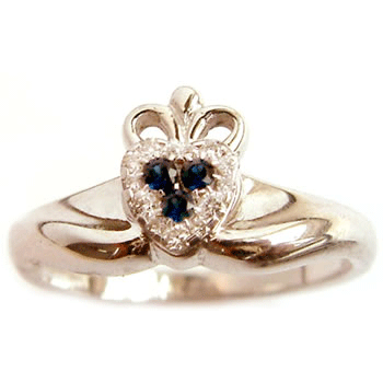 14k White Gold Ladies Pastel Set Sapphire & Diamond Claddagh Ring