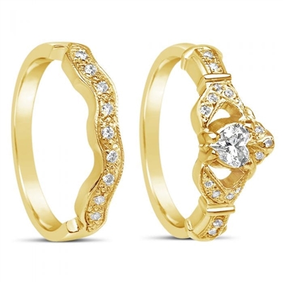 14k Yellow Gold Diamond Set Heart Claddagh Ring & Wedding Ring Set