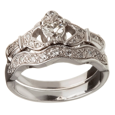 14k White Gold Diamond Set Heart Claddagh Ring & Wedding Ring Set