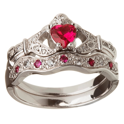 14k White Gold Ruby Set Heart Claddagh Ring & Wedding Ring Set